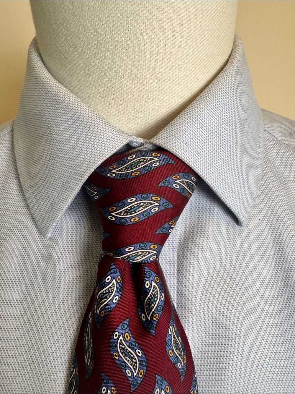 Rooster Burgundy Paisley Men’s Silk Tie with Blue and Gold Accents